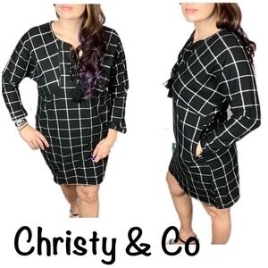 Black white plaid tunic dress tie long sleeve